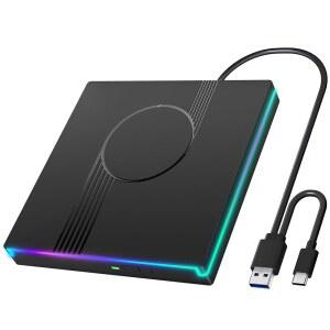 노트북용 Wbacon RGB 외장 CD/DVD 드라이브, CD 드라이브 USB 3.0 Type-C 휴대용 DVD 플레이어, 버너 + /-RW 광학 노트북 데스크탑 PC Windows Mac용 슬림 ROM 드라이브(블랙)