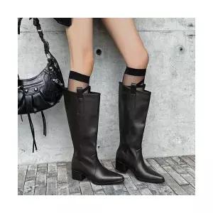 엘럽 여성용 웨지힐 통굽 스트레이트 부츠 가을 겨울 통가죽 하이탑 박템4