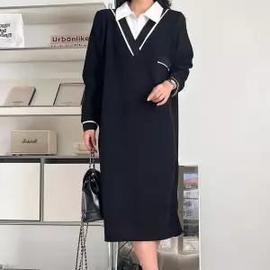 여자 셔츠레이어드 배색 포켓 브이넥 기모 롱원피스