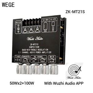 음향판 WEGE 2 1 채널 오디오 파워 앰프 보드 서브 우퍼 AMP 트레블 베이스 미니 Wuzhi 앱 AUX BT5 USB MT21S MT21 50W 100W