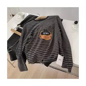 여성용 프린트티 캐릭터 캣츠 도톰 기모 스트라이프 긴팔티셔츠 슬림핏 이너탑 가을 겨울 KS4