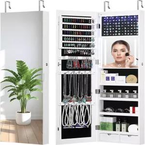 GISSAR 미러 주얼리 캐비닛 LED 월 도어 마운트 풀 길이 아무어 메이크업 보관 대용량 잠금식 정리함 조명