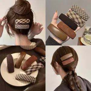 어텀 머리핀 브라운 격자 똑딱핀 스퀘어