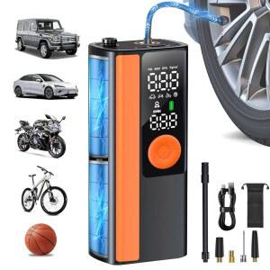 [미국배송] 타이어 인플레이터 휴대용 공기 압축기 자동차 타이어용 150PSI 무선 펌프 배터리 및 12V DC 듀얼 파워 전기 자전거 펌프(압력 게이지 포함) 오토바이 볼용 LED 라이트