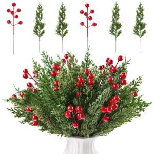 [미국배송] 피어리 크리스마스 인조 소나무 가지 45개와 레드 베리 줄기 10.5인치 에버그린 노퍽 사이프러스 잎 DIY 공예 화환 홈 데코를 위한 가짜 단풍 바늘 추천