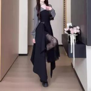 스파이더맨 여성 추동 셔츠 스커트 레이스 언발 긴팔 원피스빈티지 롱 OPH4