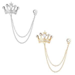 2PCS 슈트 걸이 체인 남성용 크라운 레트로 크리스탈 핀 칼라 브로치, 스톤 디테일 스터드 라펠 라인스톤 각인, 가슴핀 웨딩 브로치용 메탈