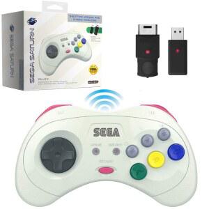 retro-bit official sega saturn 2.4 ghz wireless controller for saturn, genesis mini, switch, ps3, pc, mac - includes 2 receivers & storage case (white)