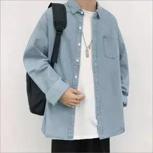 데님 셔츠 남성 레이어드 스트릿 캐주얼 학생 청남방 (WFKAKED)
