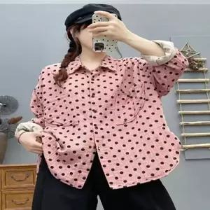 미에스틸로 여성 루즈핏 롱 셔츠 블라우스 이중 마 카디건 도트 프린트 칼라 탑 ADOR1