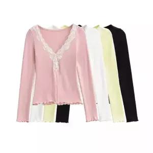 볼사스 여성 롱루즈핏 티셔츠 브이넥 레이스 탑 긴팔 슬림핏 ADOR1