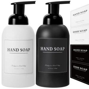 레조미익 2팩 발포 비누 디스펜서 욕실 또는 주방 싱크대용 두꺼운 유리 폼 핸드 디스펜서, 비누용 펌프 병 13온스, 바디 워시, 매트 블랙 및 화이트
