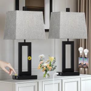 신케다 터치 컨트롤 테이블 램프 세트 2개 USB C+A 포트 및 AC 콘센트가 있는 모던 블랙 베드사이드 3방향