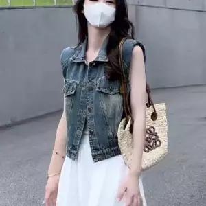 캐주얼 데님조끼 여름 크롭 노카라 청조끼 용