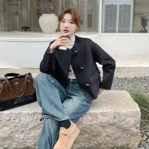 여자 모직코트 추동 더블 코트 라운드 모직 원픽4