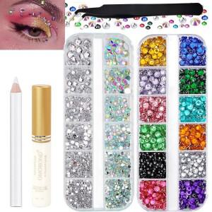 스파클링 페이셜 보석 스티커 세트 바닥이 평평한 컬러풀 & AB 워터 다이아몬드 핀셋 바디 메이크업 네일