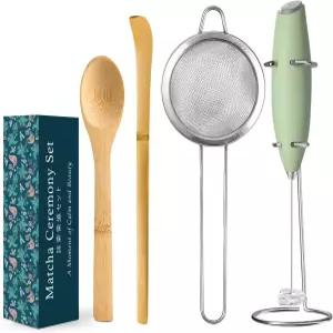 모노조이 전기 말차 거품기 세트 4 PCS 만들기 키트 파우더 믹서 우유 프로더 전통 차 스쿱 차샤쿠 스푼 체