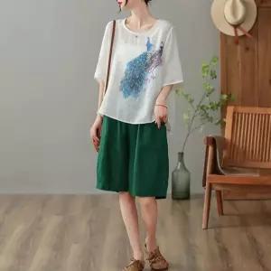 여성 러블리 티 프린트 여름 앤크 모시 부 루즈핏 무드 라운드 풀오버 린넨 탑 다올5