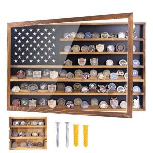 우드갓 챌린지 코인 디스플레이 케이스 u2013 아크릴 도어, 계층형 선반, 탈착식 칸막이, 방진 및 자외선 차단 기능, 27.95인치 x 18.11인치 대형 수평 벽걸이 캐비닛