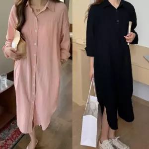 밑단 사이드 트임 여성 베이직 롱 셔츠 원피스