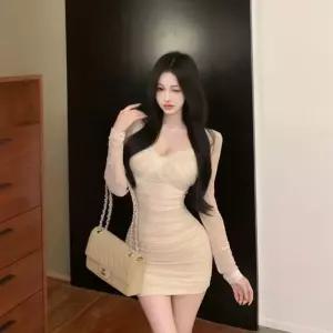 여성 예쁜핏 겨울 원피스 망사 레이스 여밈 주름 추동 힙스터 펜슬 스커트 OOTD4