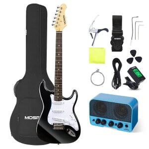 MOSEN 39인치 풀사이즈 초급 일렉트릭 기타 스타터 키트, 스타터, 앰프, SSS 픽업, 긱백, 픽, 튜너, 카포, 케이블, 트레몰로 바, 닦는 천 - 블랙