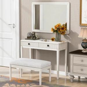 거울이 있는 메락스 베니티 데스크 소프트 벤치와 대형 38.4 u201D 플리츠 메이크업 침실 홈 오피스를 위한