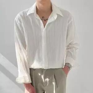 남자 세로패턴 히든버튼 긴팔 셔츠 루즈핏 세미정장룩 데이트룩 셔츠