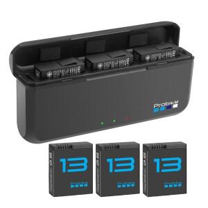 GoPro Hero 13 배터리 용 2280mAh 내구성 + 블랙 카메라 액세서리 3 슬롯 박스 충전기