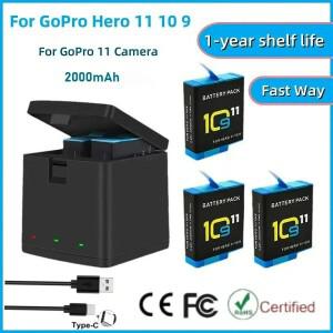 GoPro Hero 11 10 9용 2000mAh 배터리 충전식 리튬 이온 팩 모션 카메라 보관함 정리함