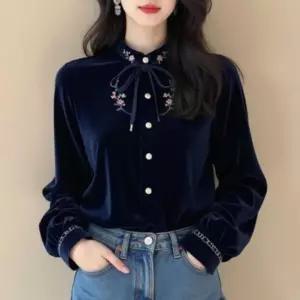 미드나잇 벨벳 리본 블라우스 셔츠 루즈핏 봄가을 고급스러운 하객룩 데이트룩