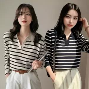 여성 봄 가을 얇은 스트라이프니트 크롭 브이넥 루즈핏 오픈 카라 니트티