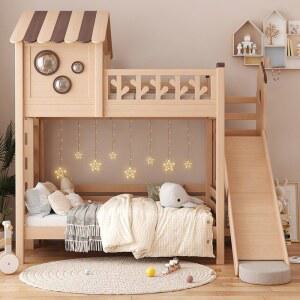 원목이층침대 자녀방 미끄럼틀 실용적인 직선사다리 서랍형 평행침대 1200mmx2000mm 트리하우스