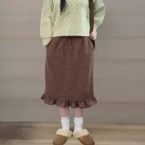 KSK1890여성용 겨울 체크 A라인 프릴 롱스커트 밴딩 스판