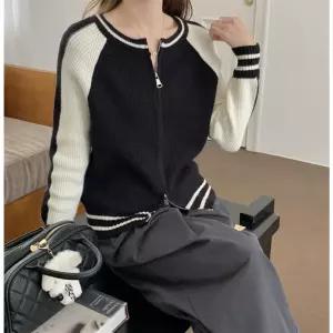 여성 잠바 집업 야구 항공 점퍼 리얼 추동 배색 캐주얼 라운드 니트 코트 학원용 MF4