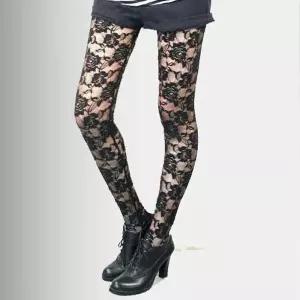 여자 파티 룩 코디 장미 무늬 망사 레이스 레깅스 9부 망사레깅스