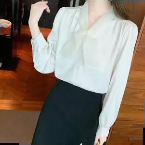 화이트블라우스 여성 정장 하객패션 깔끔한 타이 블라우스