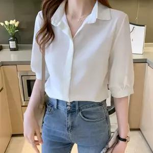 여성 5부 소매 무지 쉬폰셔츠 상의 여름 반팔블라우스 퍼프 벌룬 쉬반팔 쉬블라우스 오피스룩 하객 캐주얼