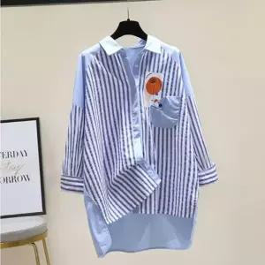 청량미 가득 면혼방 셔츠세로줄남방 여성 캐주얼 디자인카라 데일리 스트라이프 여자스트라이프