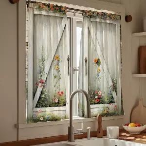 파케나 러스틱 화이트 헛간 도어 주방 커튼 세트 윈도우용 36인치 길이 농가 꽃 패널 작은 짧은 욕실 창문