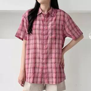 오버핏 반팔 체크 셔츠 남방 커플룩 여름 데일리린넨 핑크 캐주얼 여자 남자 넨혼방 코디 린넨 루즈