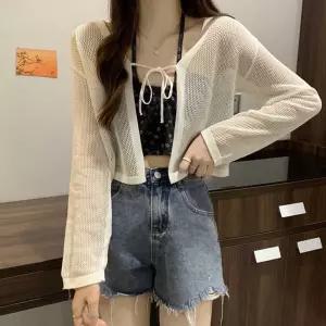 메쉬 망사소재 가슴 앞 끈 포인트 숏기장 가디건홀가먼 벌룬 얇은 가오리핏 여성집업 꽈배기 슬림 브이넥골