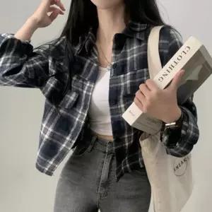 여성 크롭 체크 셔츠 1P 베이직 긴팔 남방 루즈핏리본 데일리룩 카라 기본 정장 여름 하객 간절기 예쁜 블