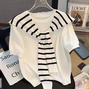 여자 캐주얼 외출 패션 스트라이프 숄 여름 반팔 니트 세트팔티셔츠 U넥 라운드팔 이너 기본 얇은 시원한