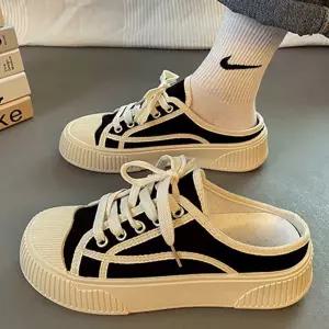 여성 데일리 오픈백 뮬 스니커즈 편안한 캔버스슬립온온 통굽 키높이 캐주얼 발편한 신발 슬리퍼 운동화