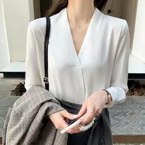 브이넥 여성 긴팔 블라우스 출근룩 오피스 보들봄 가을 출근 하객 정장 노카라 브라우스 쉬폰 여자