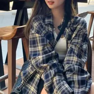 (루즈핏남방)2COLOR 레트로 체크 남방 여성 셔츠 핑크 빅사이즈 오버 봄가을 캐주얼 데일리