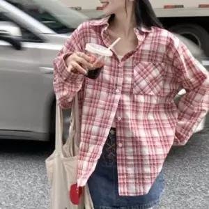 [하프클럽/]파스텔톤 오버핏 긴팔 체크 셔츠 봄가을 남방 꾸안꾸