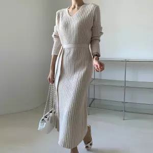[유야]여성 허리끈 골지 브이넥 롱 원피스 하객룩 -FOP0579- 가을 겨울