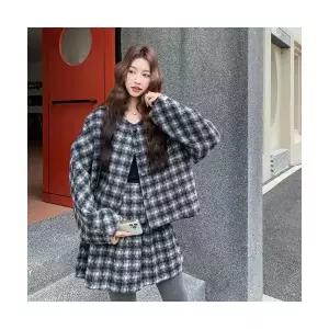 엘럽 여성용 정장세트 체크 리버시블 울 코트 스커트 세트 빈티지 겨 투피스 박템4